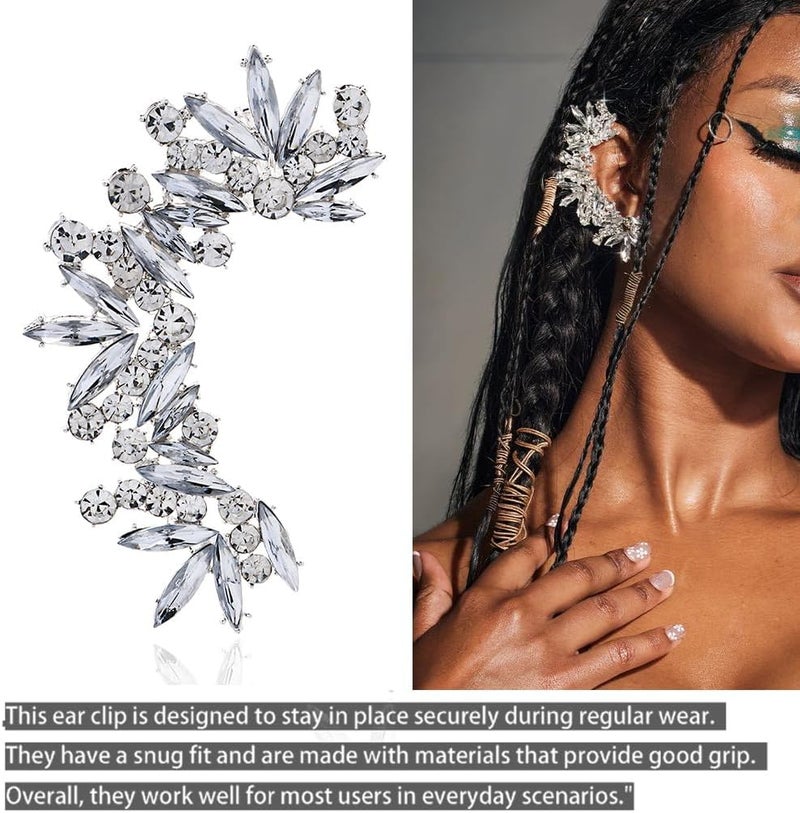 STONEFANS Rhinestone Silver Full Ear Cuff Earrings for Women Ear Clip Wrap Statement Climber Crawler Earrings for Women Hypoallergenic Silver Wedding Jewelry Gifts - Image 2